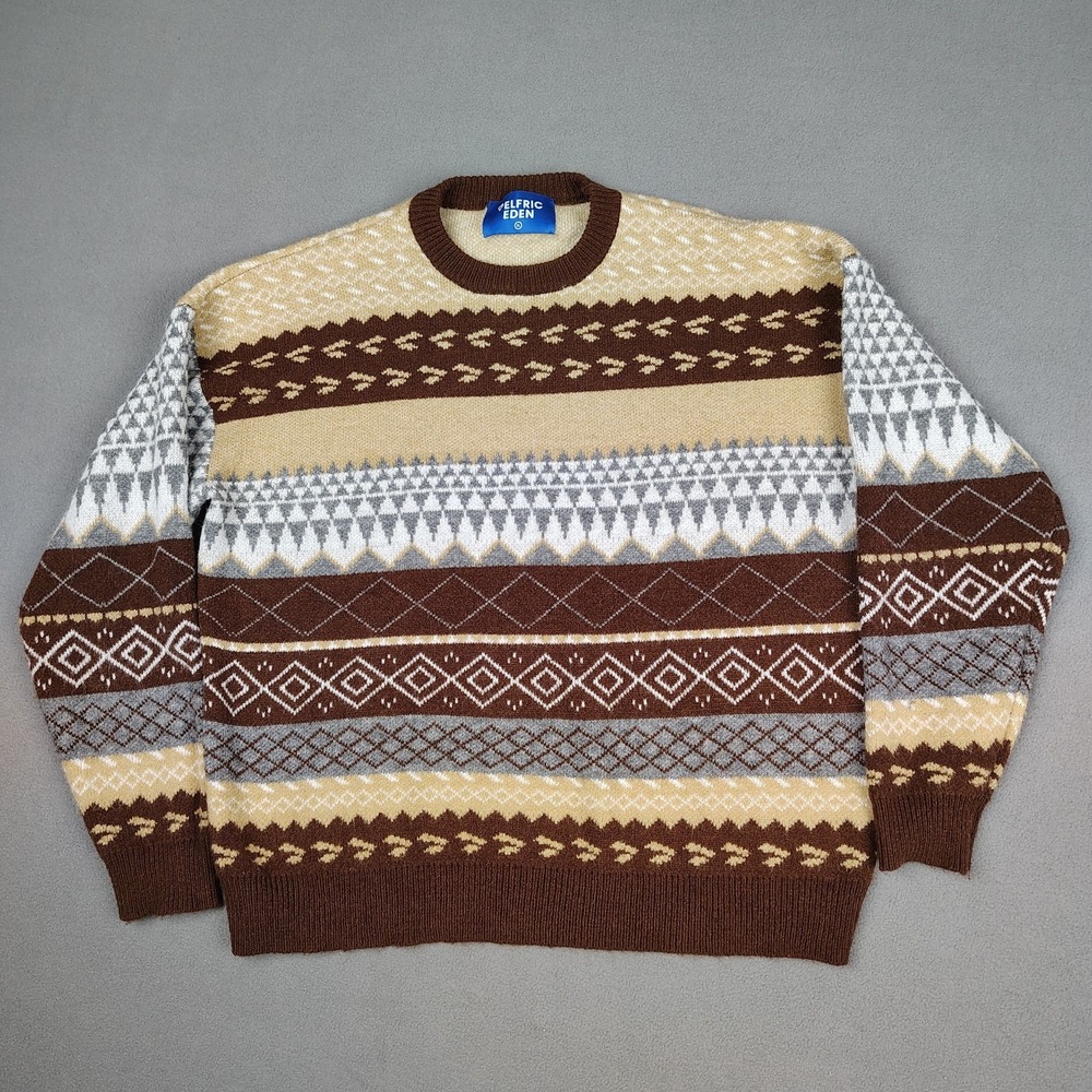 Aelfric Eden Sweater Men XL Brown Gray Fair Isle Crewneck Popover Fisherman EC
